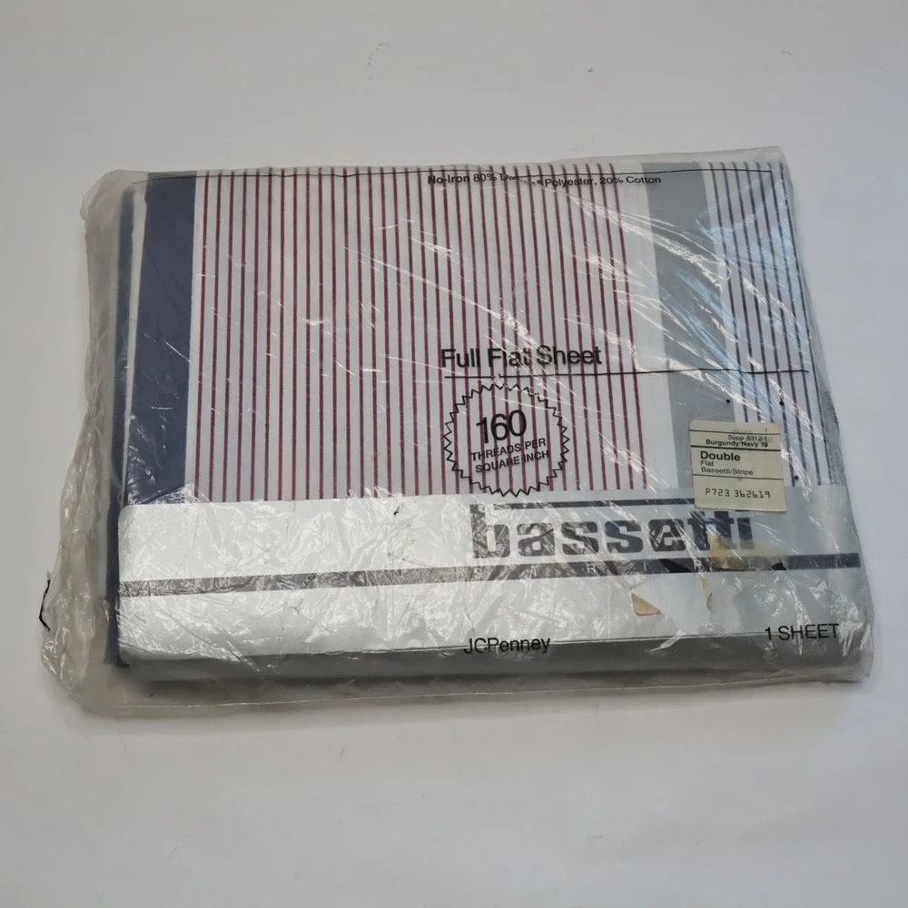 JCPenney Bassetti Flat Sheet Full Double Burgundy Navy White Striped New Vintage
